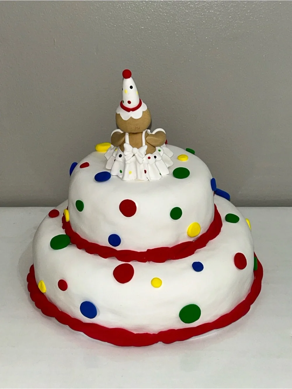 Gingerbread Clown Fake Cake Decoration - White with Red Accents HANDMADE